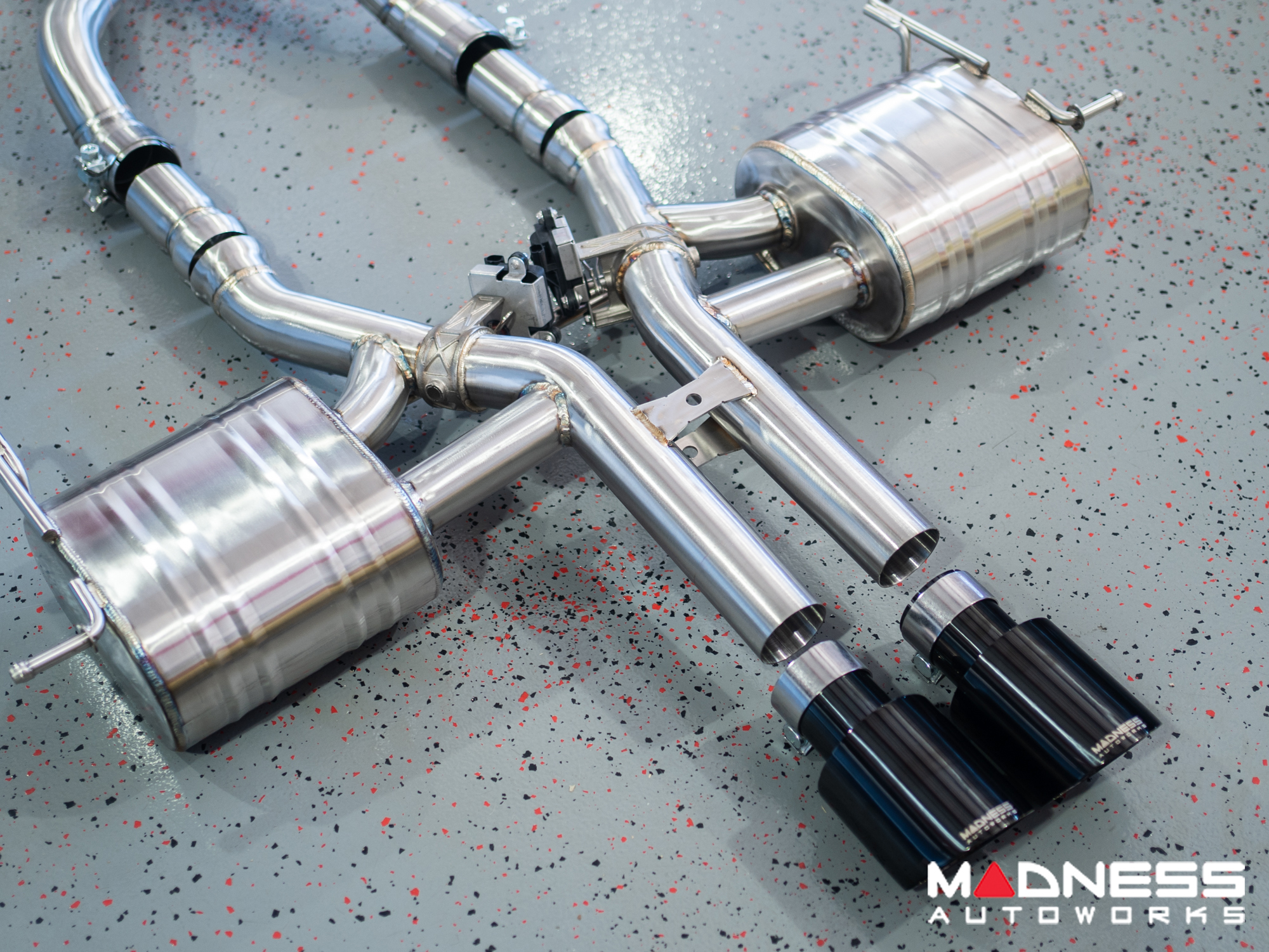 Jaguar F-TYPE Performance Exhaust System - MADNESS - 2.0L Turbo - Center Exit - Electronic Valve Design - Black Chrome Exhaust Tips